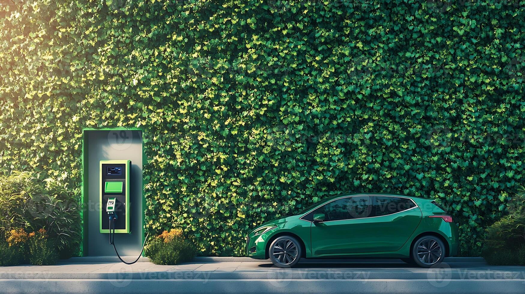 Eco-Friendly Electric Car Charging at Green Urban Charging Station with Ivy Wall photo