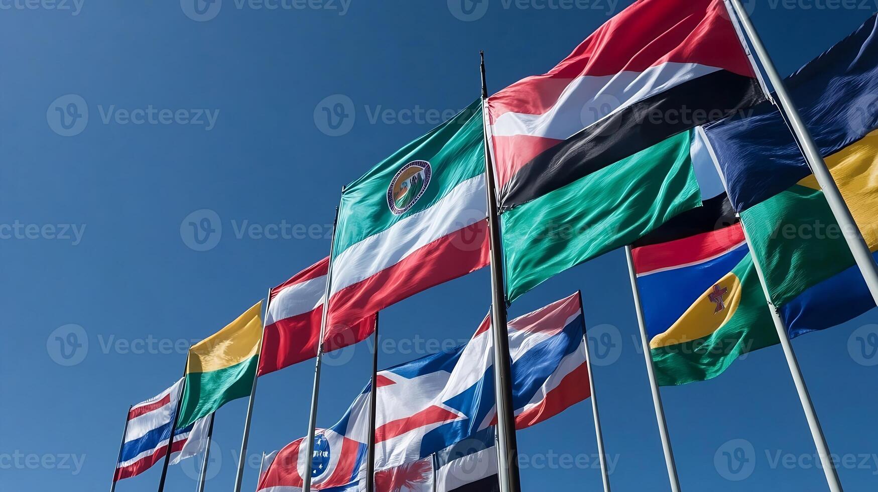 Multiple National Flags Against Clear Blue Sky Fluttering in Unison photo