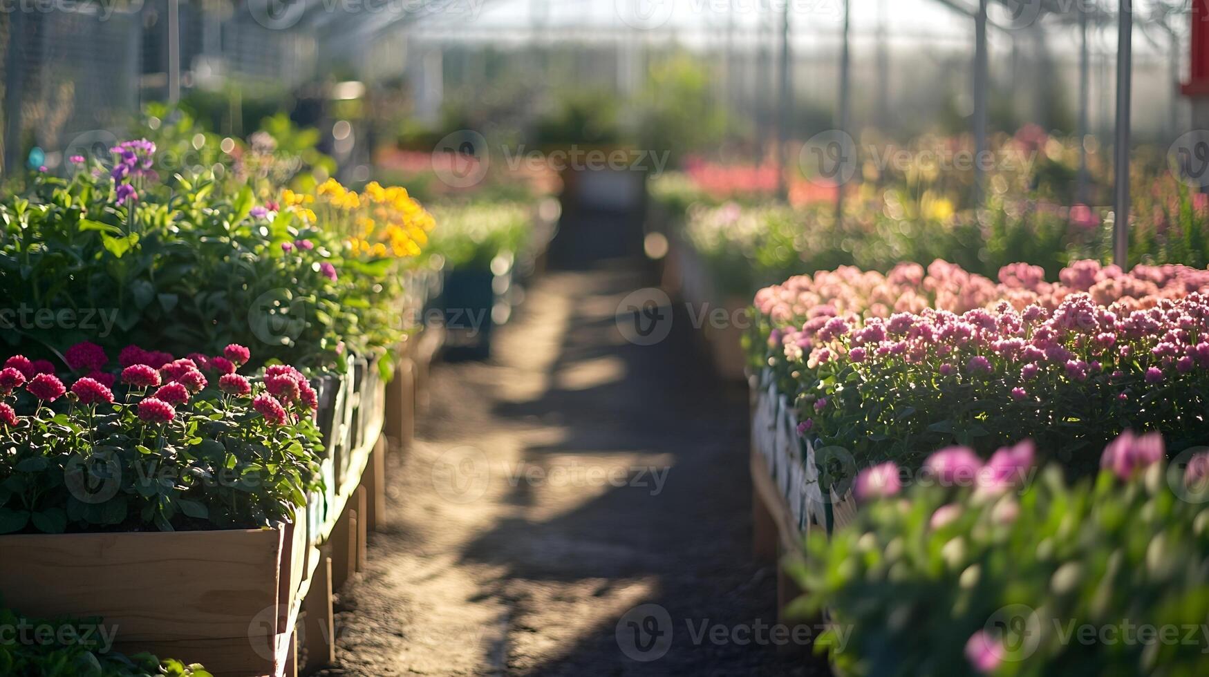 Colorful greenhouse garden walkway brimming with diverse blooming flowers photo