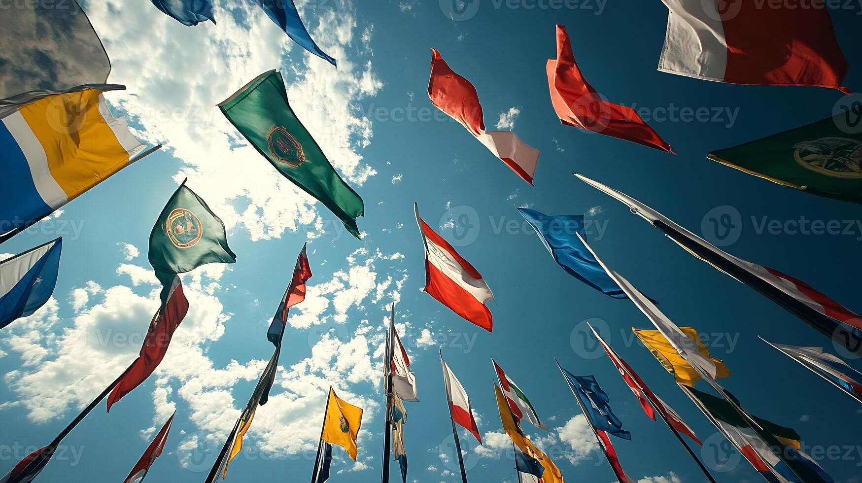 Colorful International Flags Waving Under Bright Blue Sky Symbolizing Global Unity photo