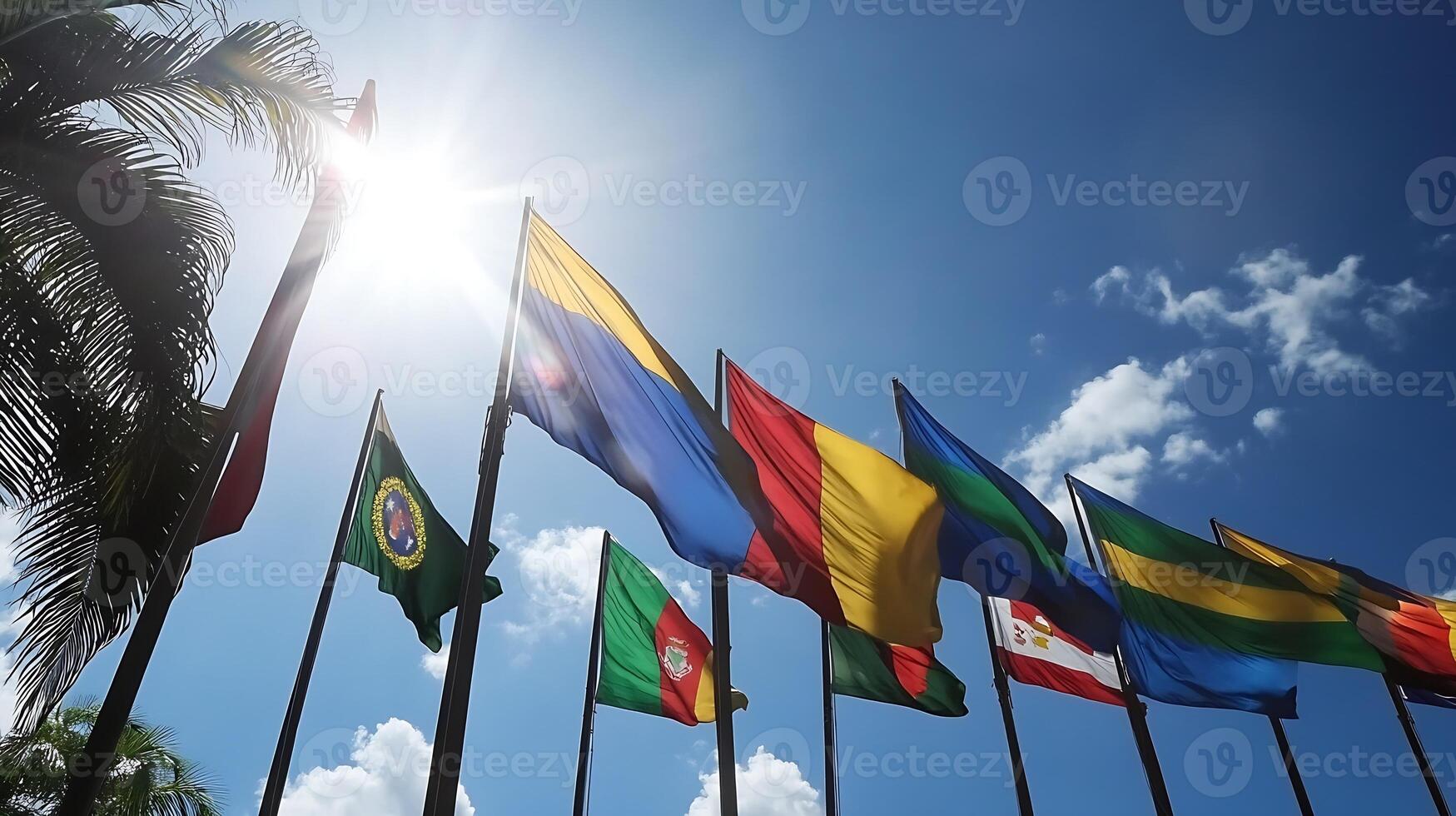 International Flags Waving Under Bright Sun and Blue Sky Symbolizing Unity and Diversity photo