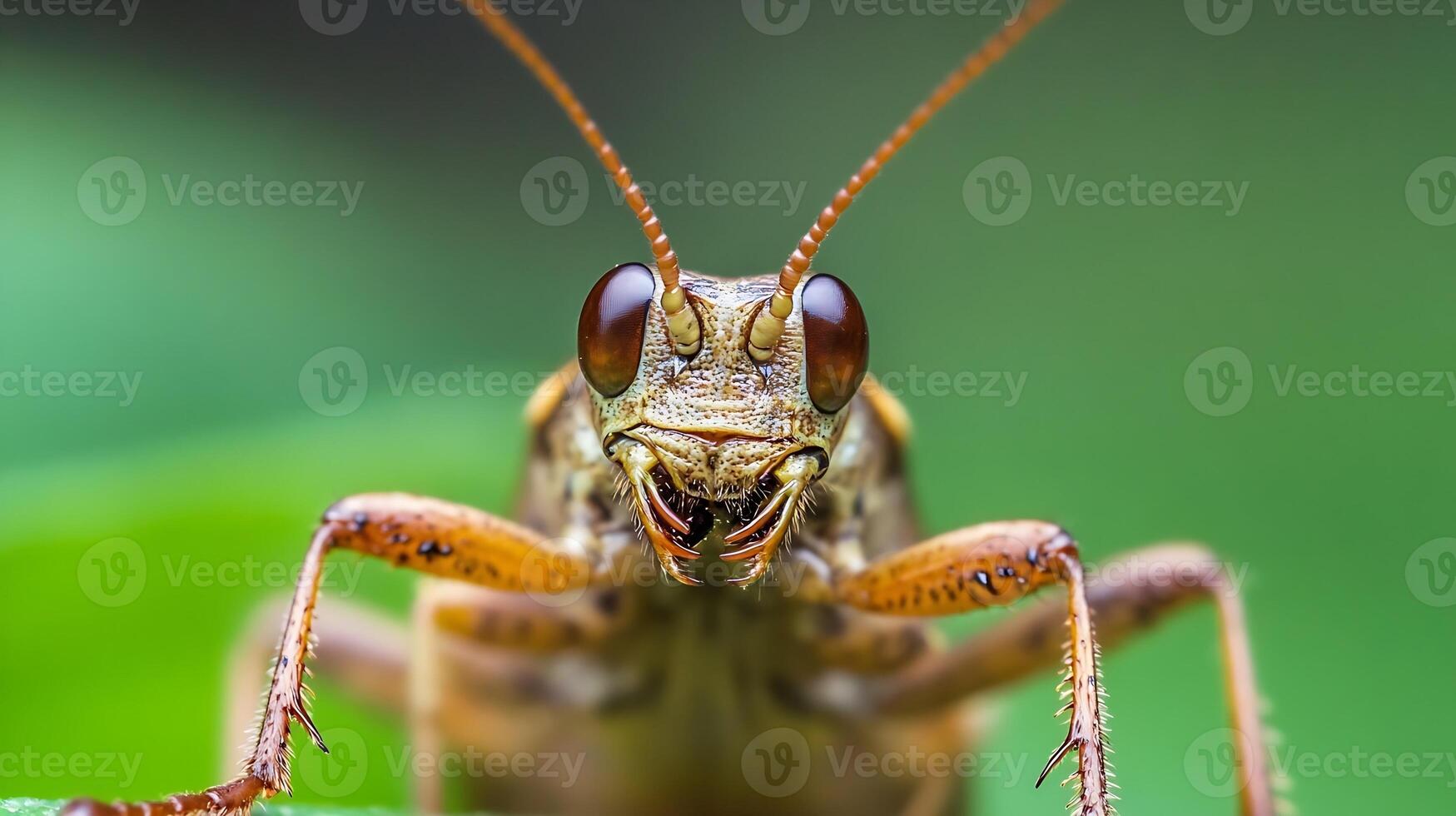 Close Up Macro Shot of Grasshopper on Green Leaf in Natural Habitat photo