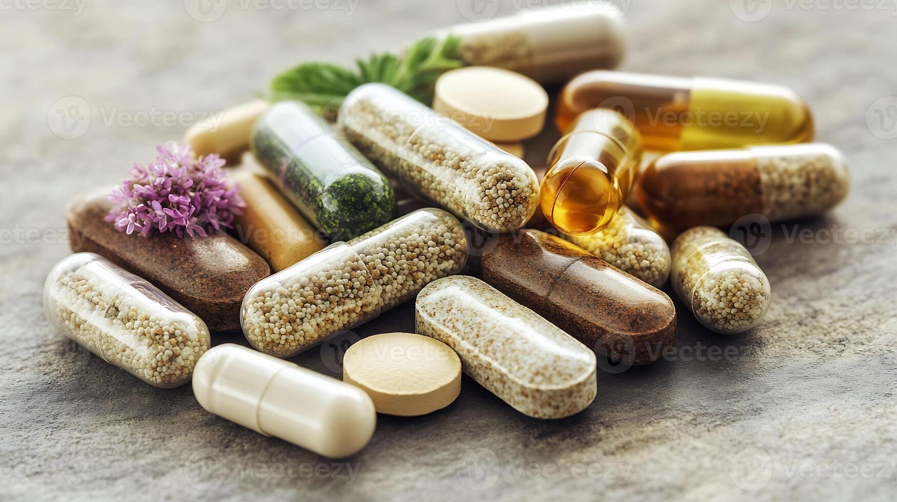 Variety of Herbal Supplements and Capsules Arranged Neatly on a Stone Surface photo
