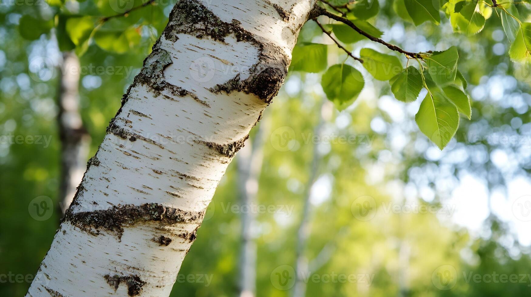 Close Up of Birch Tree Trunk with Fresh Green Leaves in Sunlit Spring Forest photo