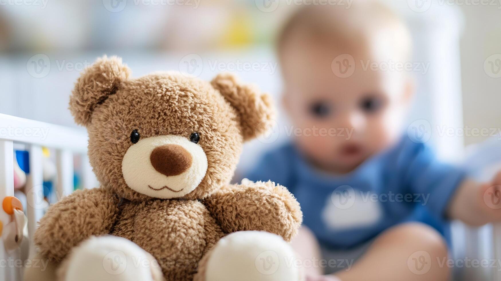 Cute Teddy Bear and Baby in Cozy Nursery Setting photo