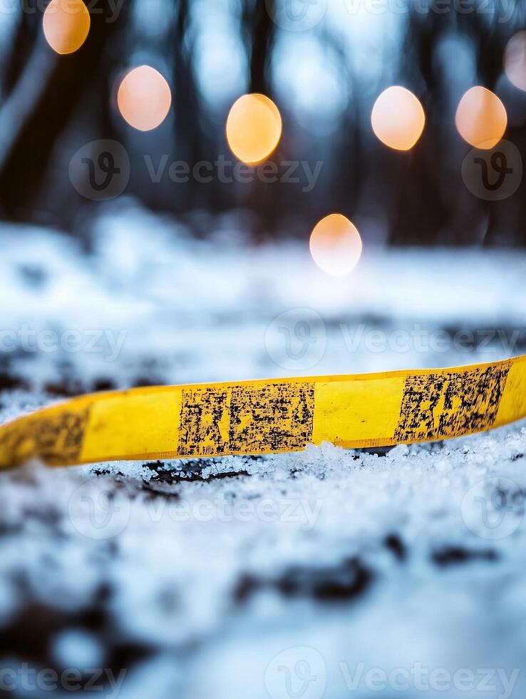 Winter Snow Scene with Yellow Police Line Tape and Bokeh Lights in Background photo