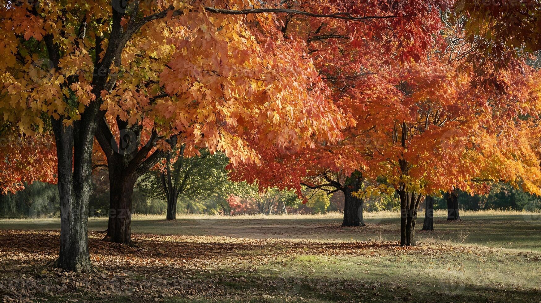 Scenic Autumn Park with Colorful Trees and Fallen Leaves at Sunset photo