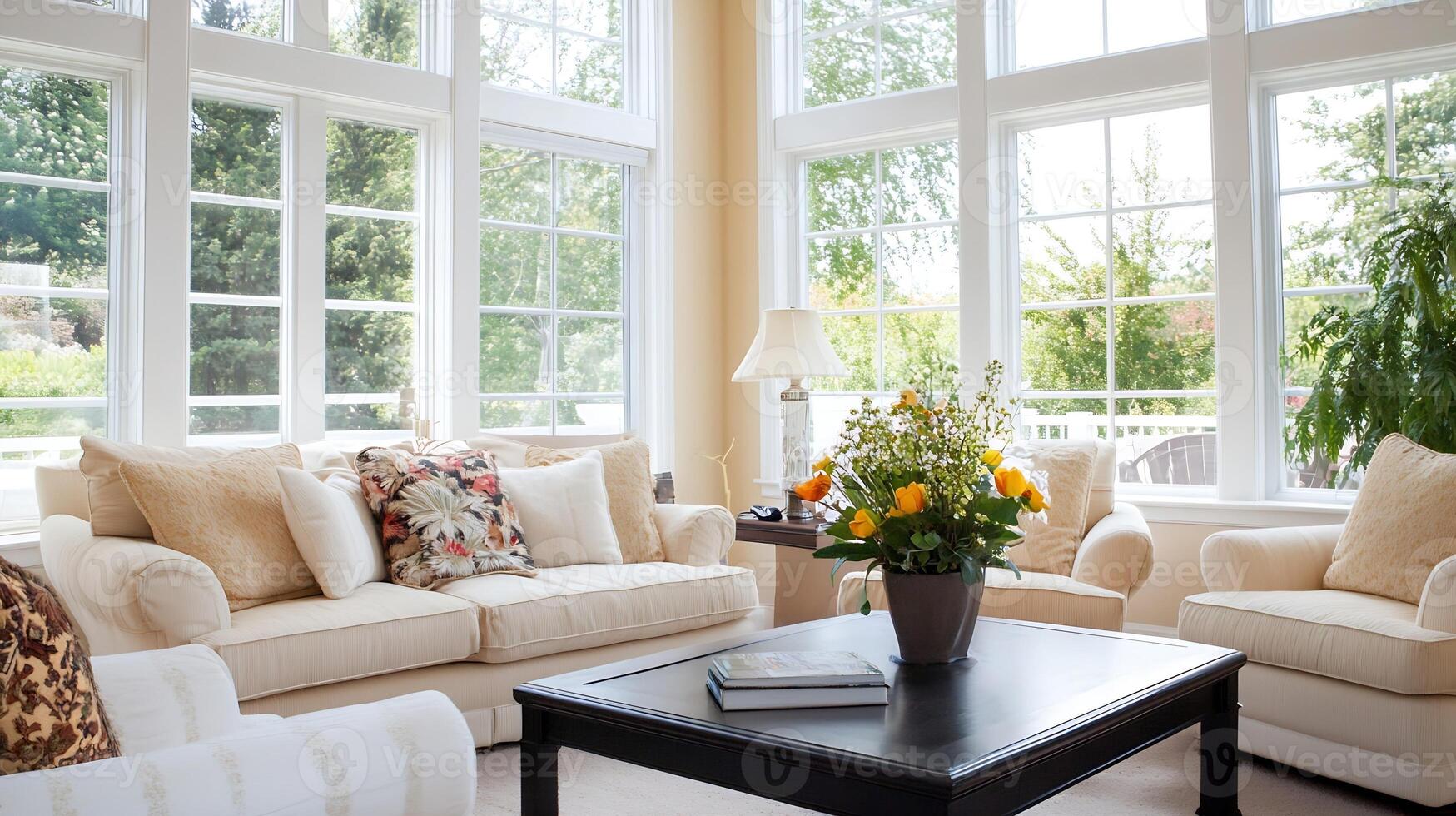 Bright Sunlit Living Room with Elegant Decor Large Windows and Comfortable White Sofas photo