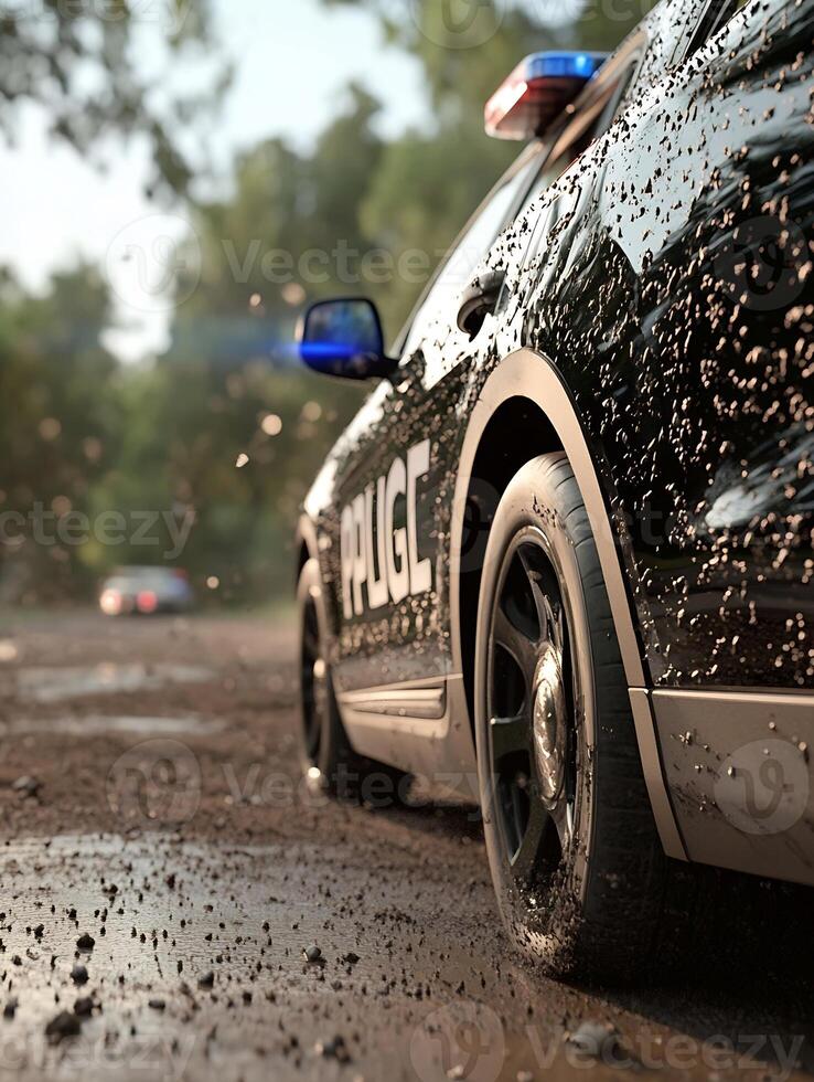 Dynamic road chase scene with a police car racing through the mud photo