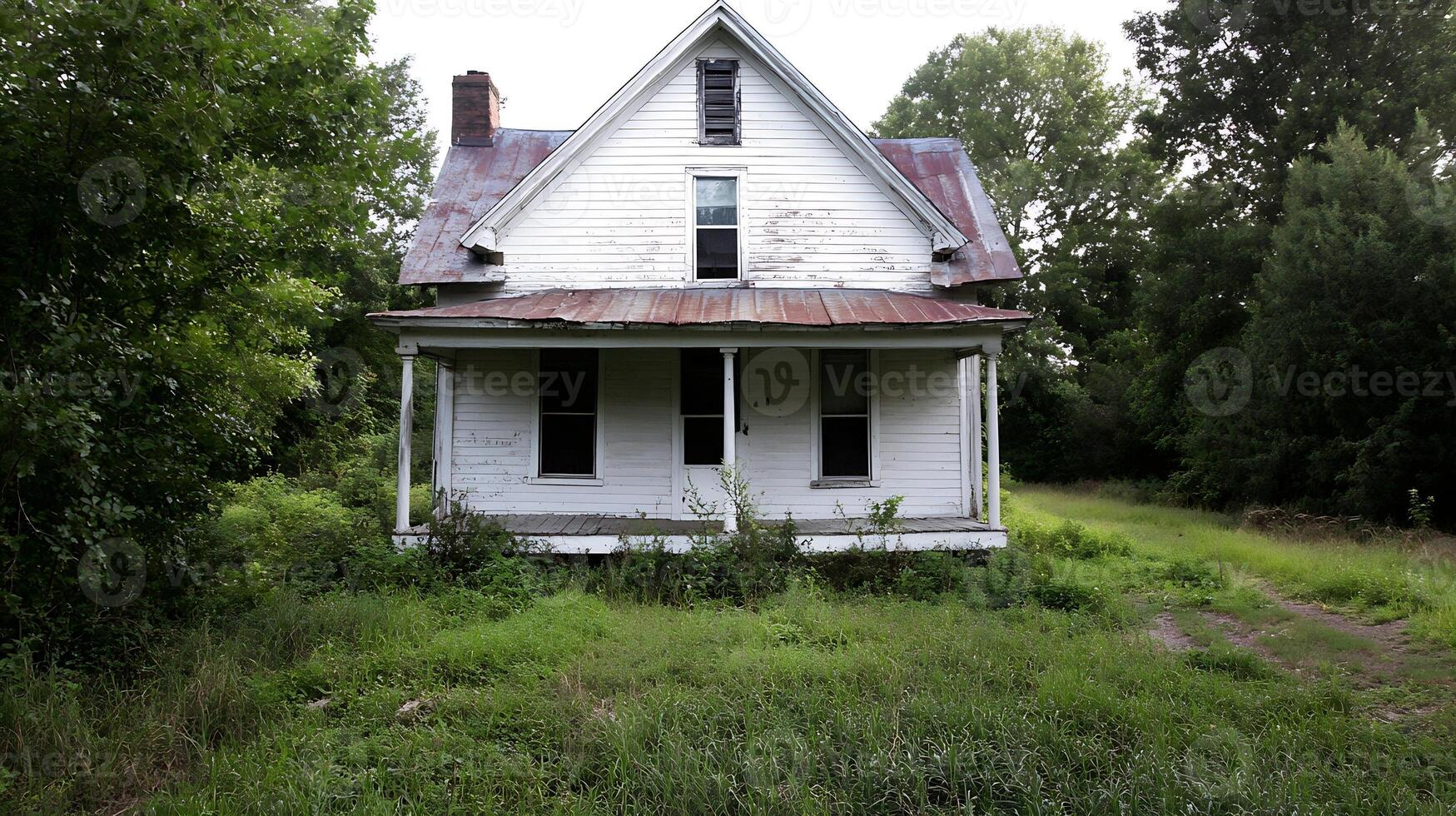 Abandoned Old House in Overgrown Rural Area Surrounded by Greenery photo