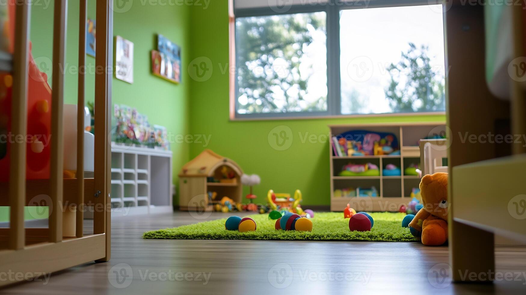 Vibrant Childrens Playroom with Colorful Toys and Green Walls Creating a Fun and Inviting Space photo