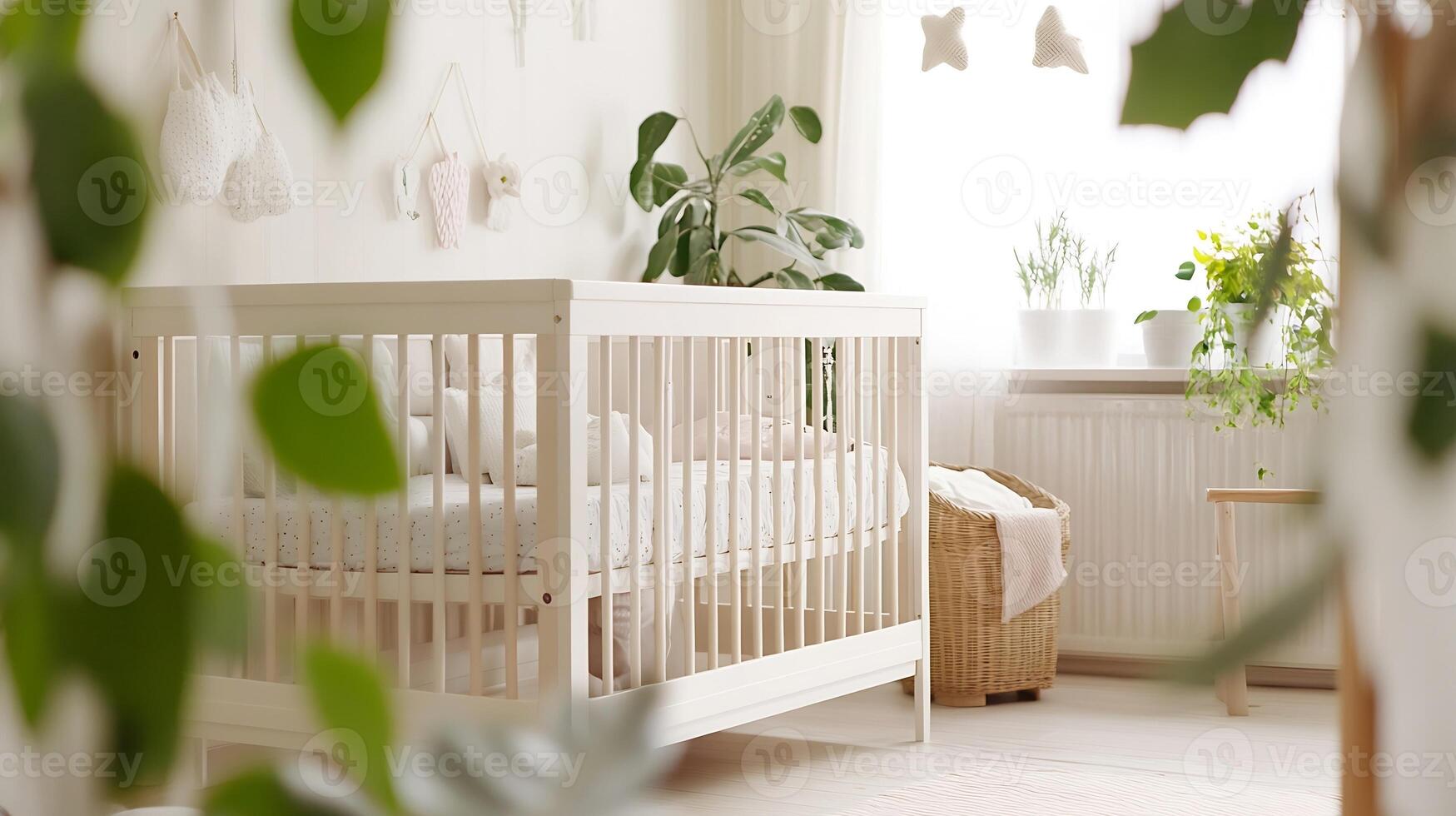 Cozy Minimalist Nursery Room with Crib and Indoor Green Plants for a Calm Atmosphere photo