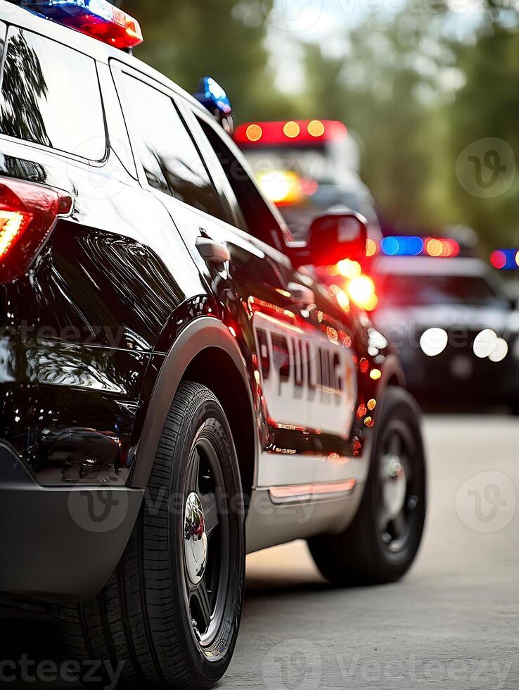 Police Cars with Flashing Lights in Action During City Emergency Response photo