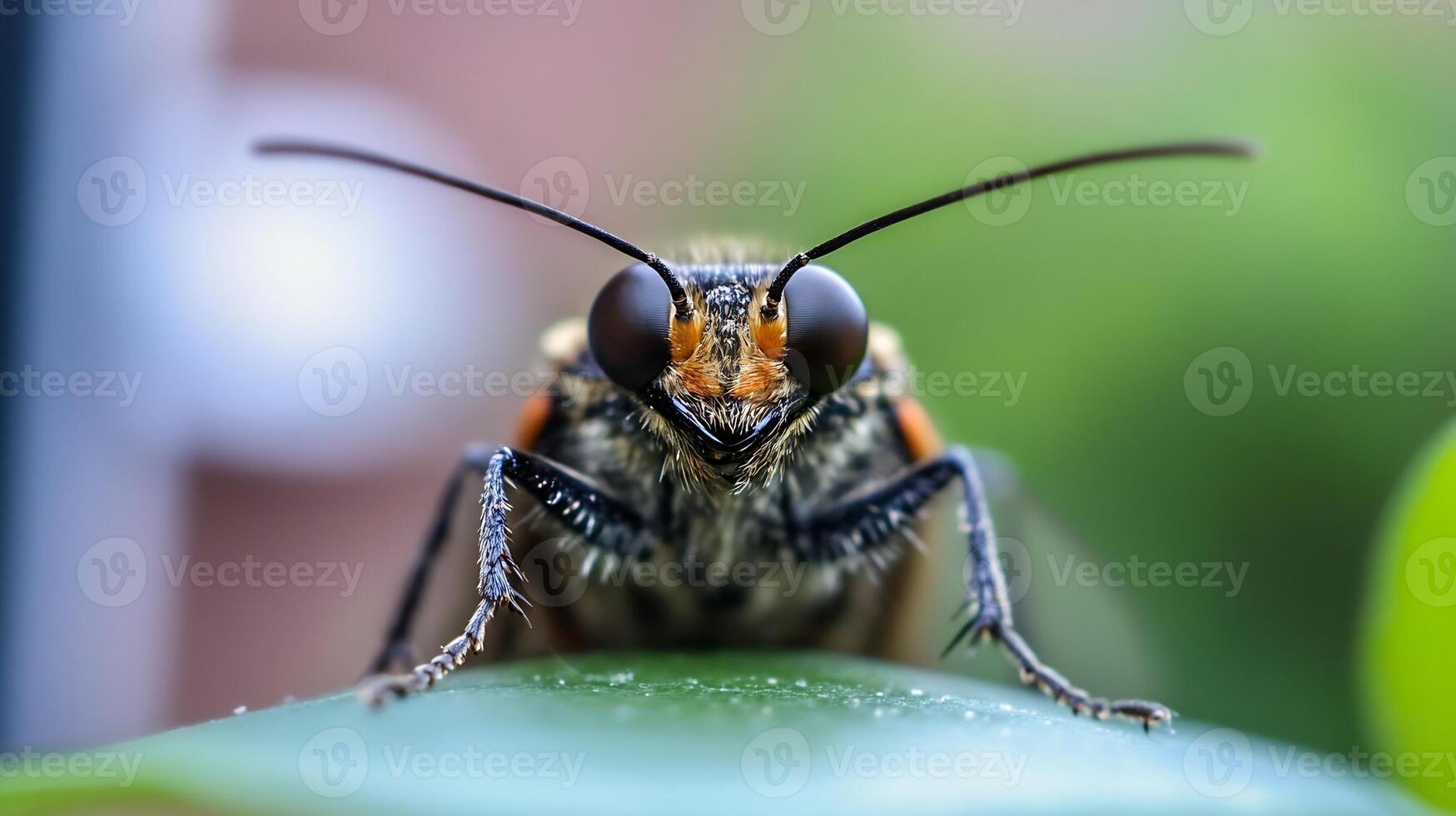 Closeup of Colorful Moth Sitting on Leaf with Blurred Green Background photo