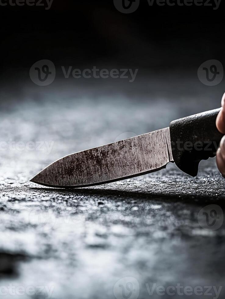 Close-up of a sharp kitchen knife on a dark textured surface with dramatic lighting for culinary themes photo