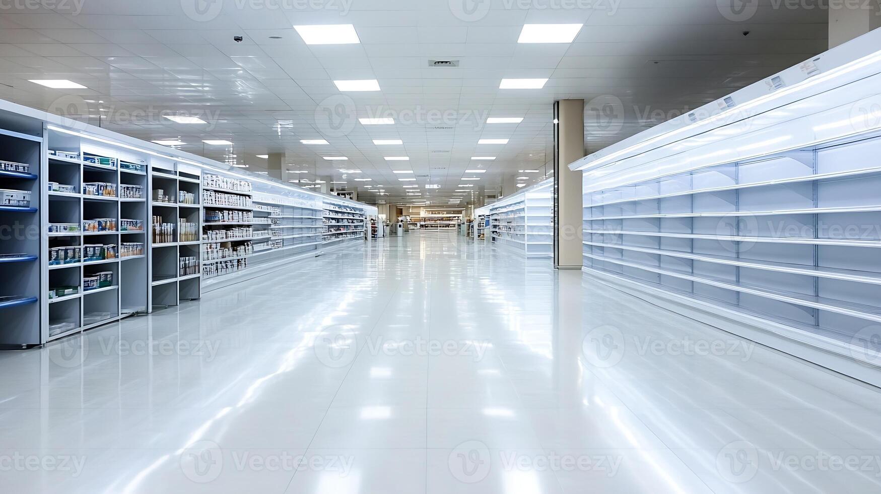 Vast Empty Supermarket Aisle with Shelves Full of Product Lines photo