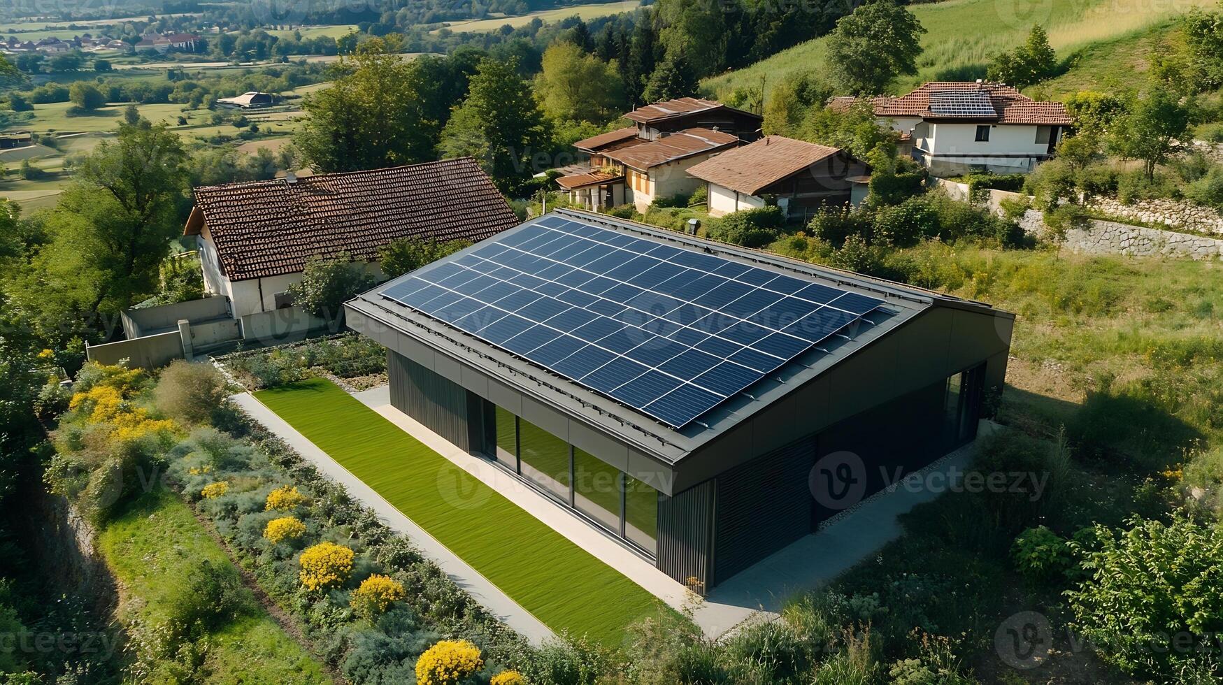 Modern Eco-Friendly Home with Solar Panels in Scenic Countryside Setting photo