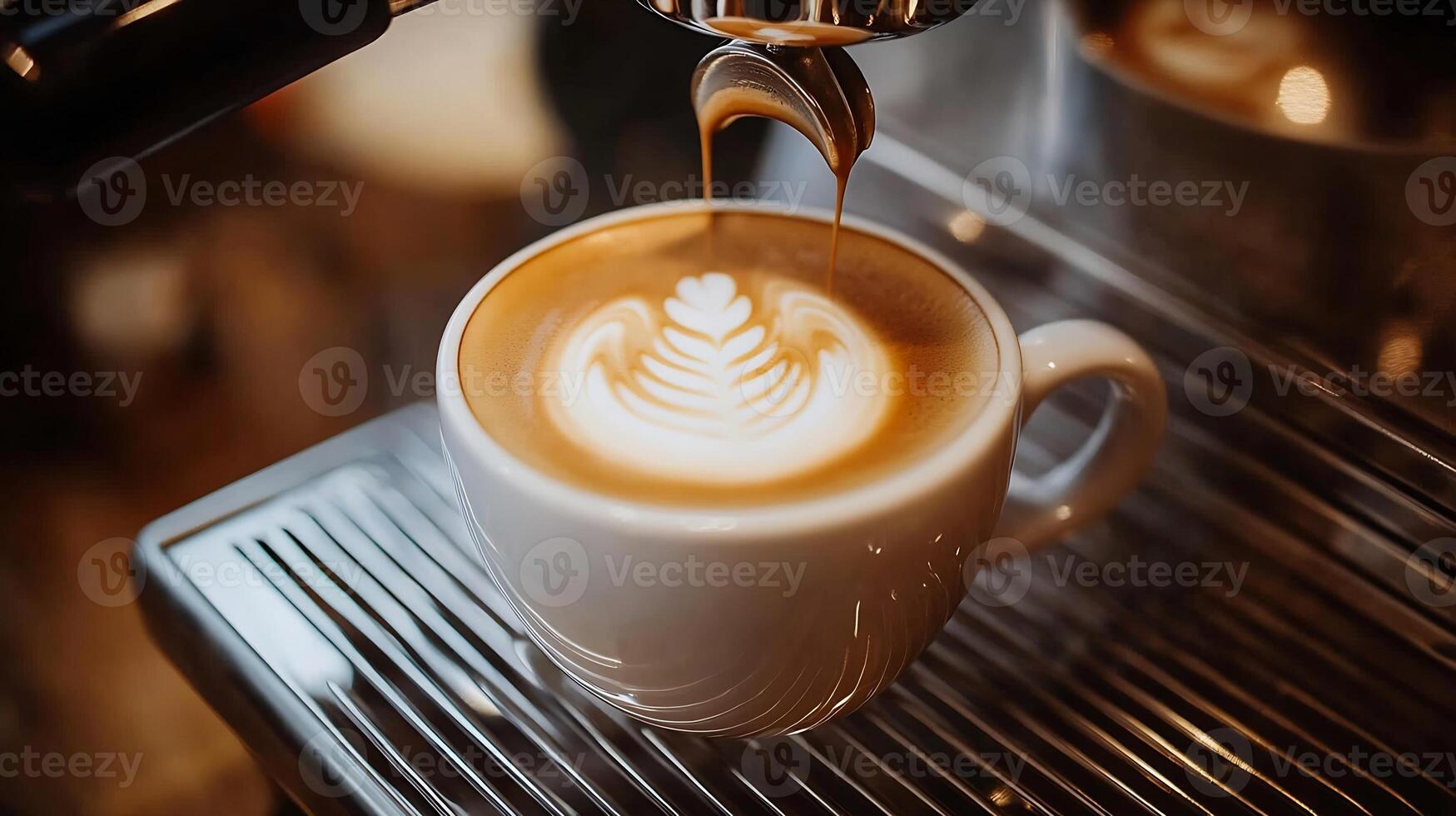 Artisan Coffee Creation with Latte Art in a Cozy Coffee Shop Setting photo