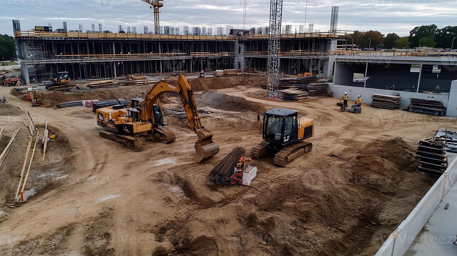 Construction Site with Active Excavators and Building Framework in Progress photo