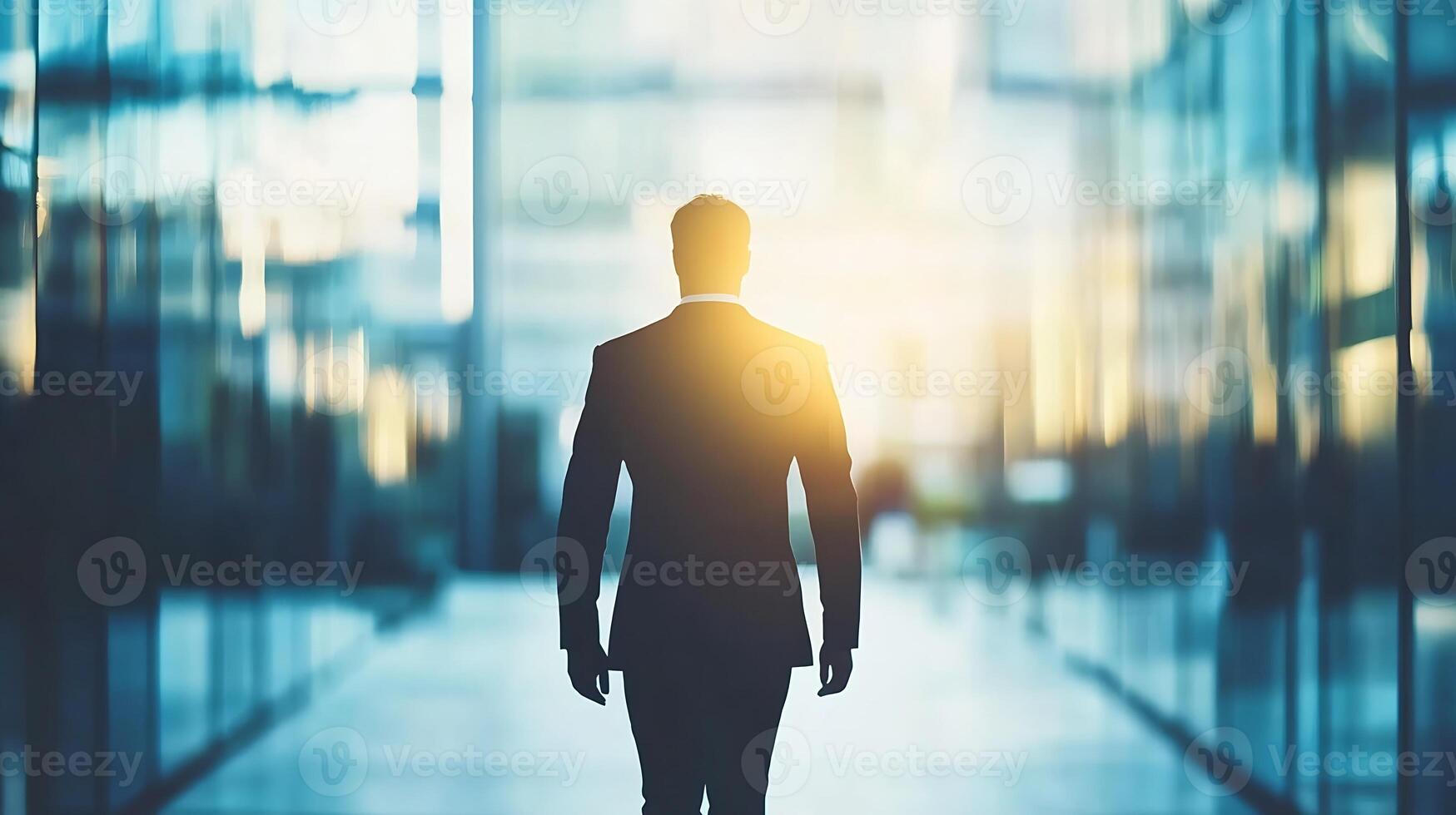 Businessman Walking in Modern City Building With Sunlight Through Glass photo