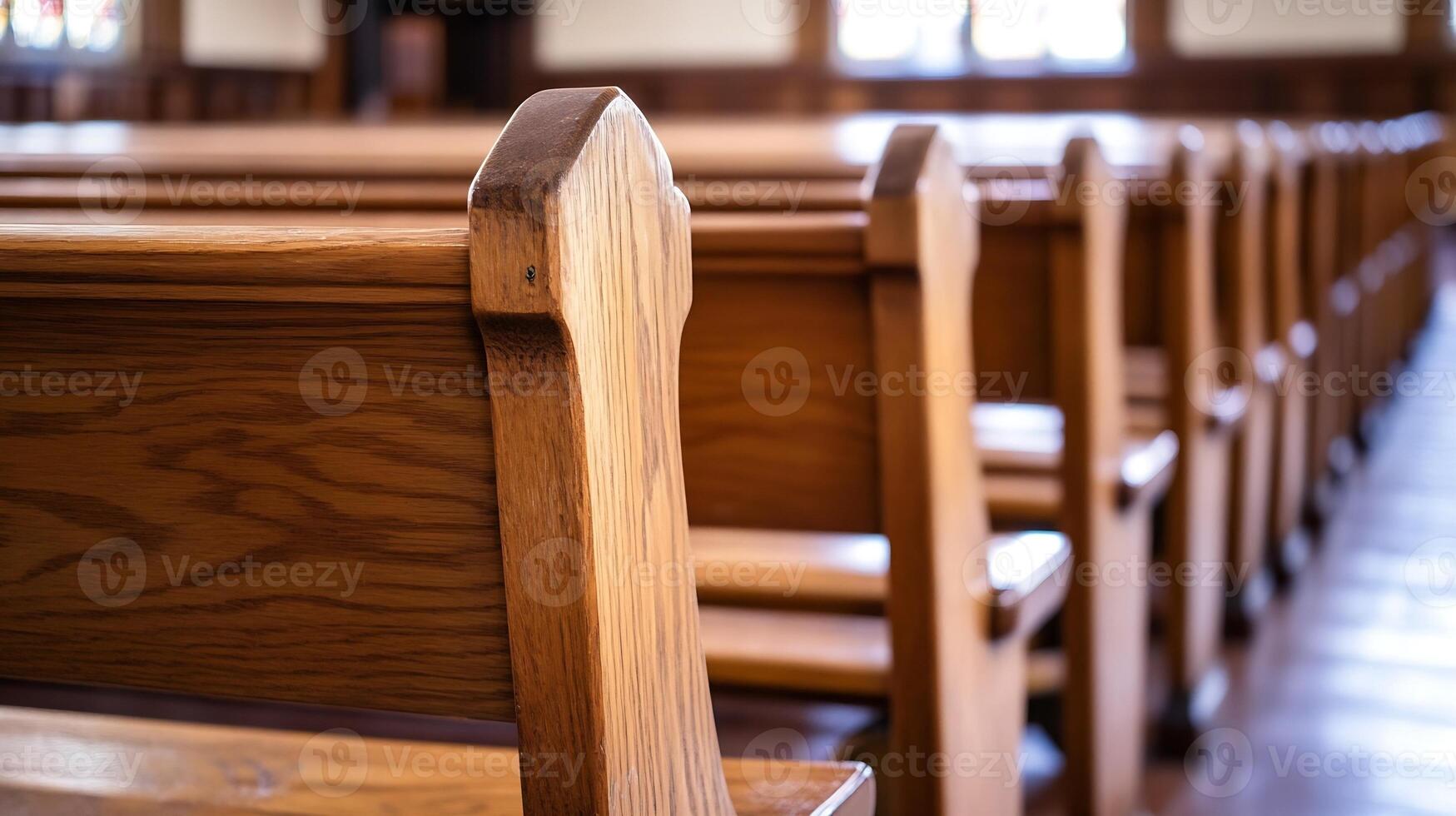 Wooden Church Pews in Sunlit Empty Church Interior for Religious and Spiritual Imagery photo