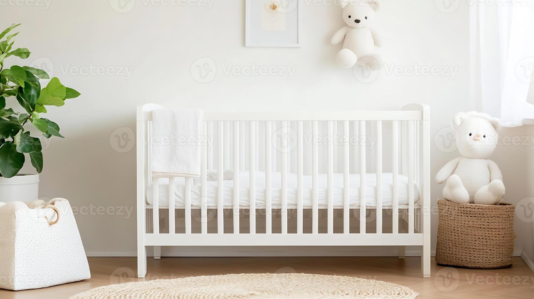 Minimalistic Nursery Design with White Crib Plush Toys and Soft Lighting photo