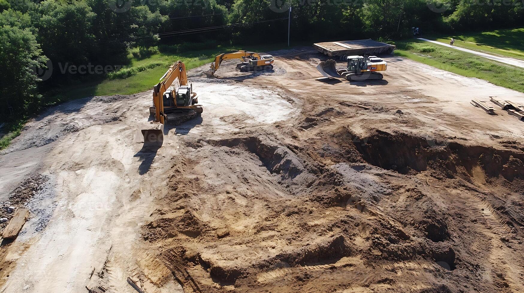 Construction site with heavy machinery and excavators preparing land for building project photo