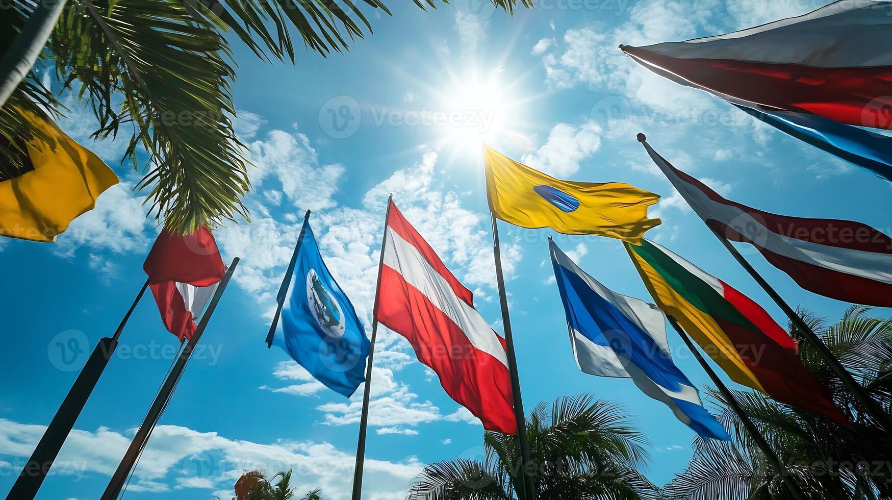 Colorful Flags Waving Under a Blue Sky With Palm Trees photo