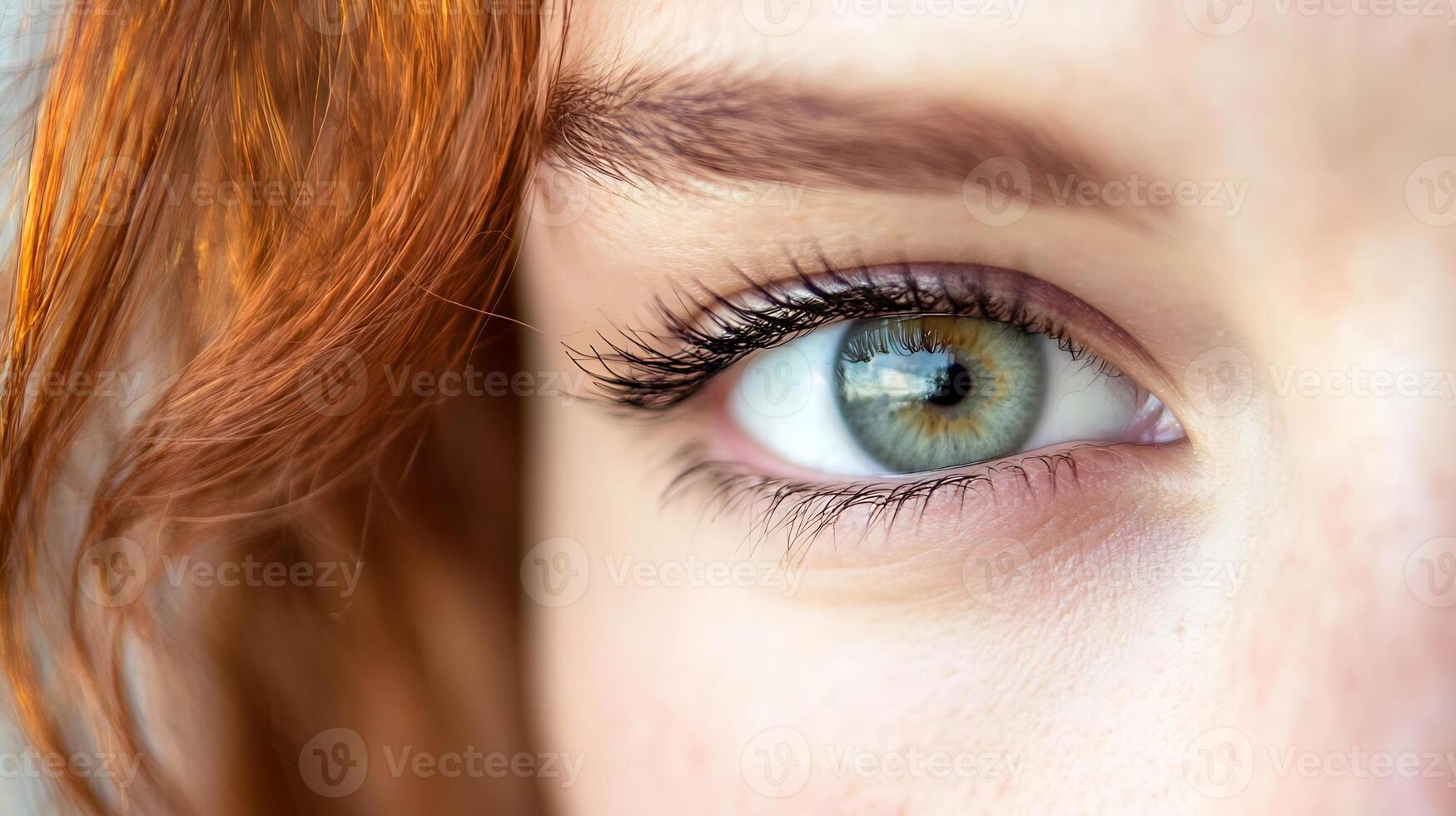 Close-Up of an Eye with Vibrant Green Iris and Freckles in Natural Light photo