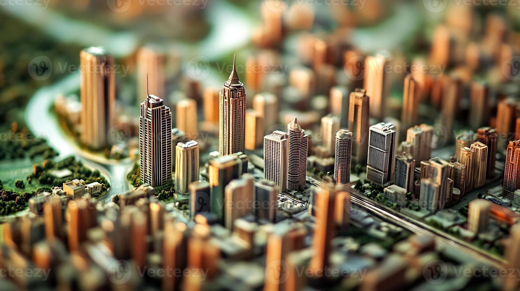 Modern Metropolis Aerial View with Skyscrapers in Vivid Morning Light photo