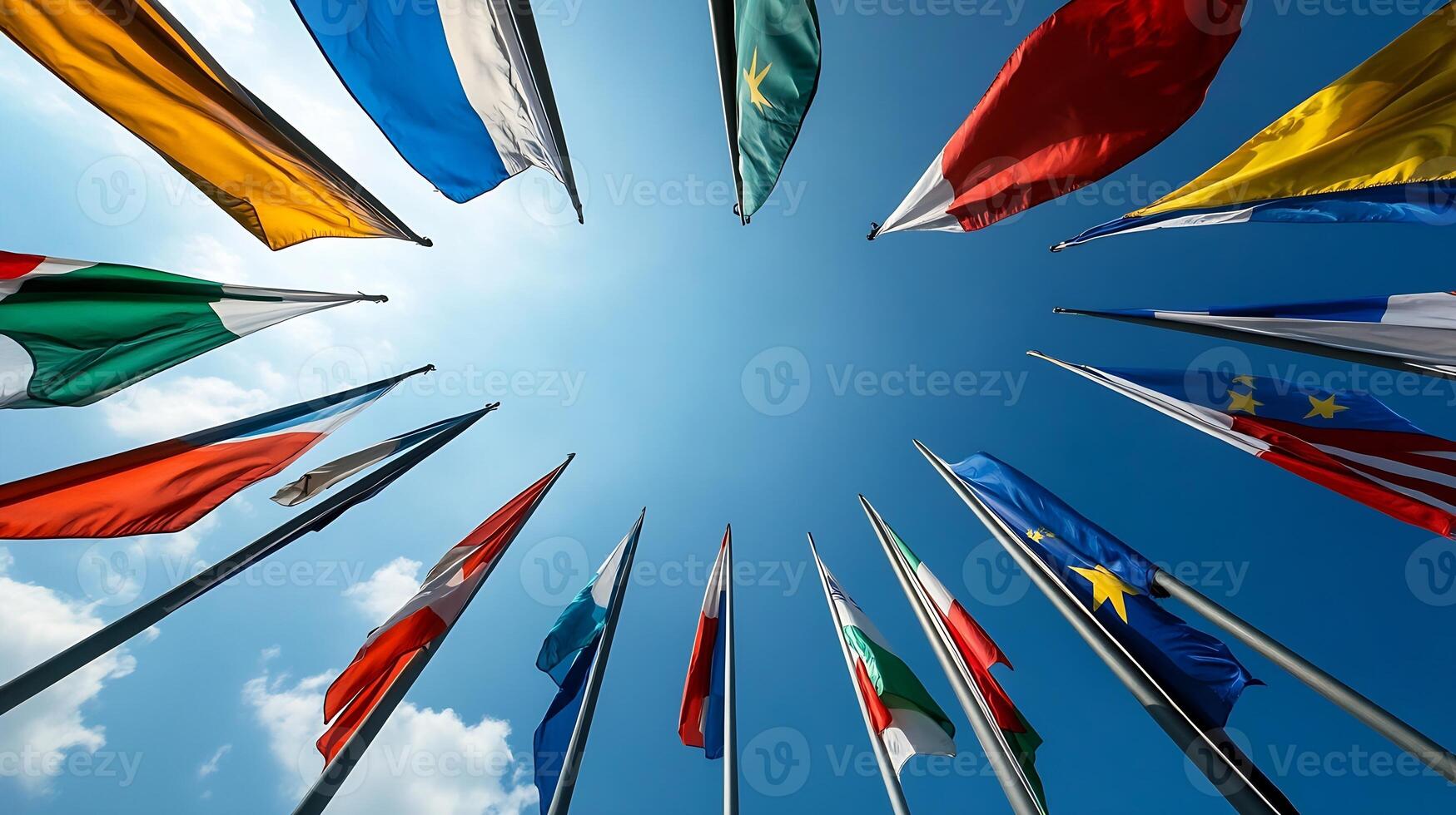 International flags array against blue sky showcasing global unity and cultural diversity photo