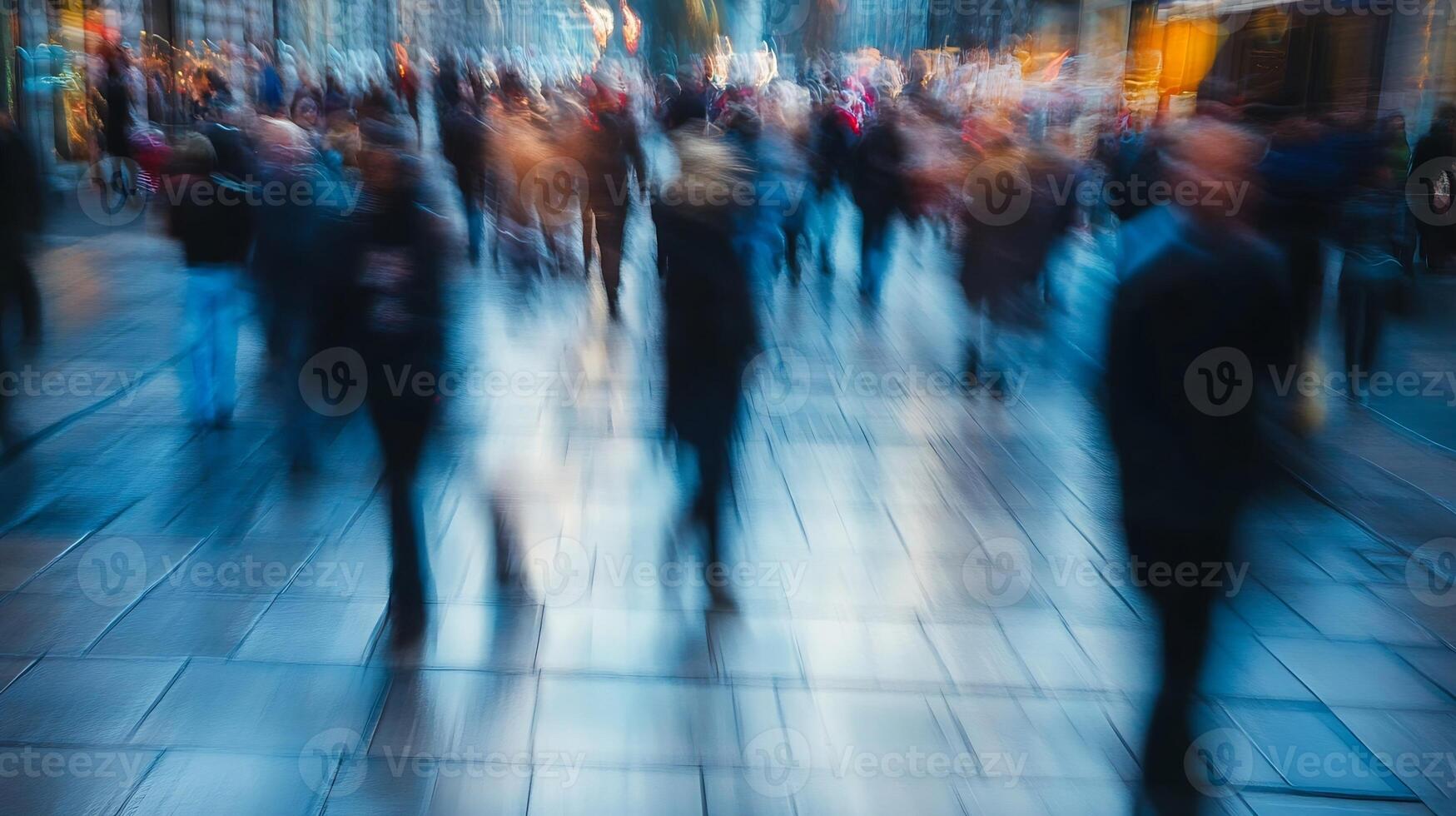 Dynamic street crowd in motion representing vibrant city life and urban energy photo