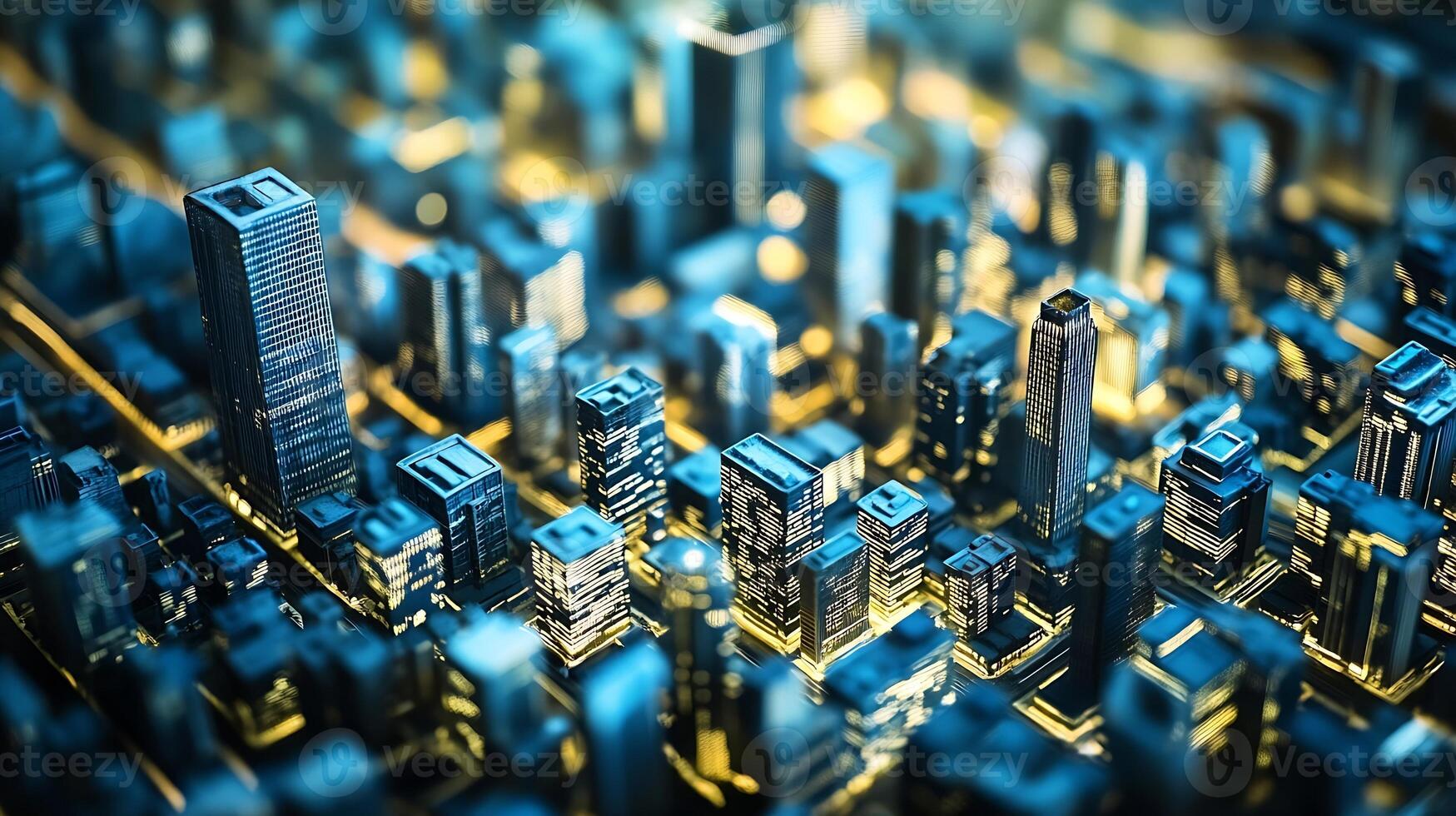 Futuristic blue city miniature with glowing lights in urban landscape photo