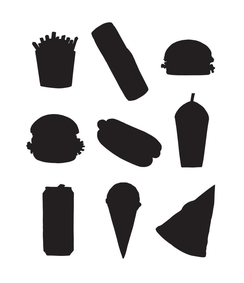 Set of black hand drawn fast food silhouette vector