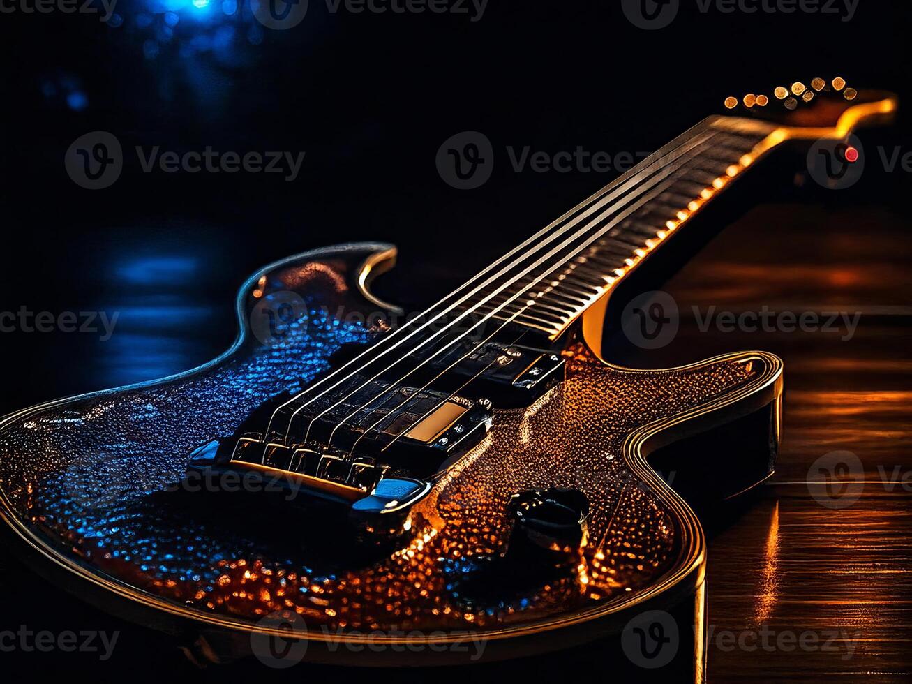 Electric guitar resting on wooden surface with dramatic lighting photo
