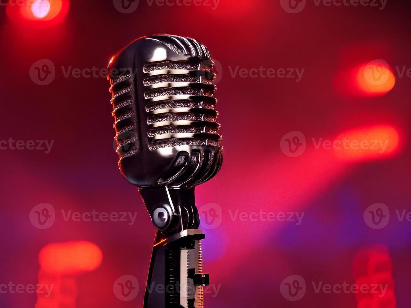 Vintage microphone standing on stage with red and blue lights photo