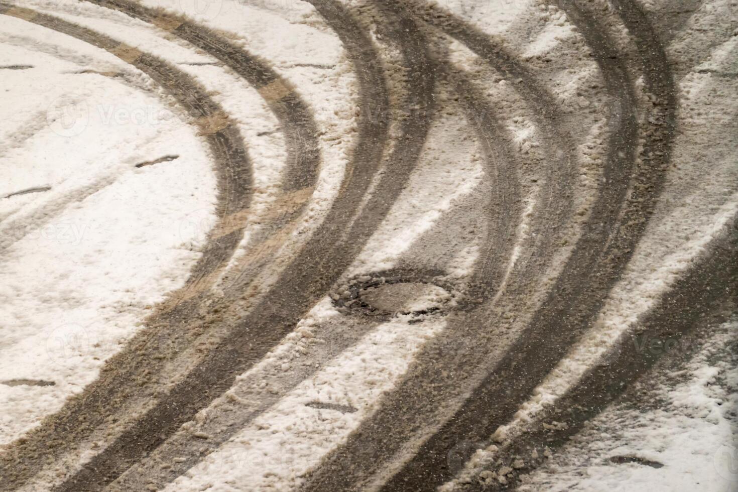 Tire tracks curving on snowy road in winter photo