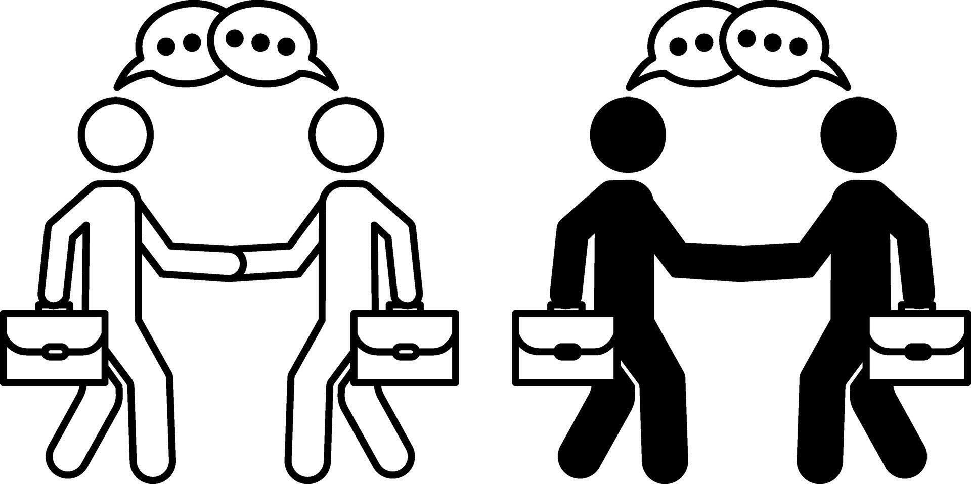 Meet Icons. Black and White Icons. Two Businessmen With Briefcases Shaking Hands. Business Conversation. Concept Meeting vector