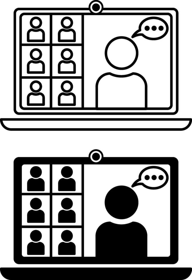 Online Meeting Icons. Black and White Icons. Boss Holding Meeting with Employees Online. Seminar or Conference Online. Laptop with Camera. Meeting Concept vector