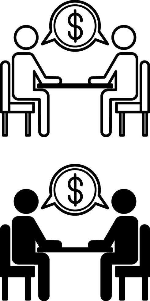 Business Meeting Icons. Black and White Icon. Two People Sitting At Table Discussing Project Financing. Dollar Sign vector