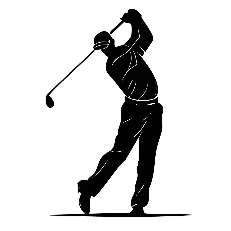 golfer in black silhouette swings club, showcasing athleticism and focus. This dynamic pose captures essence of sport and passion for golf vector
