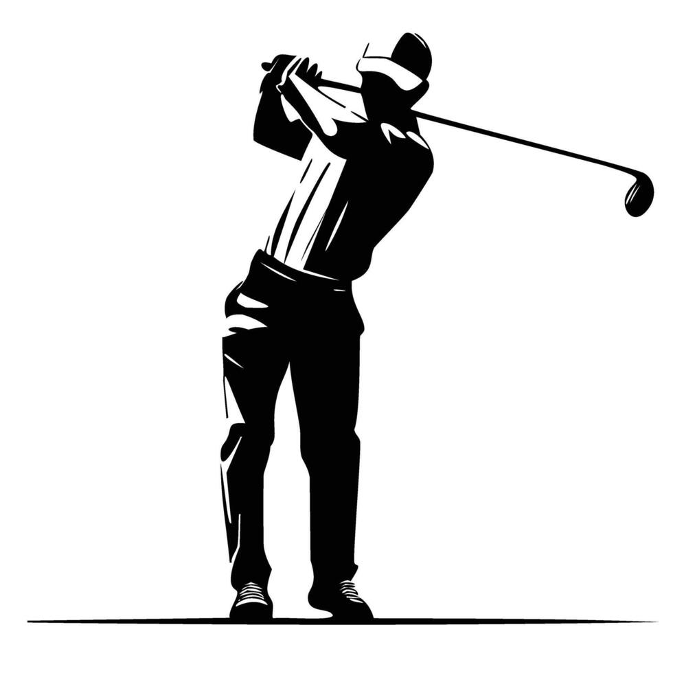 silhouette of international golf player in action, showcasing powerful swing with golf club. image captures essence of athleticism and focus in sport vector