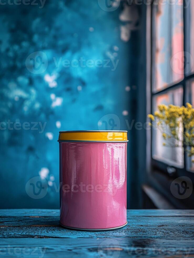 A pink can sitting on a wooden table in front of a window photo