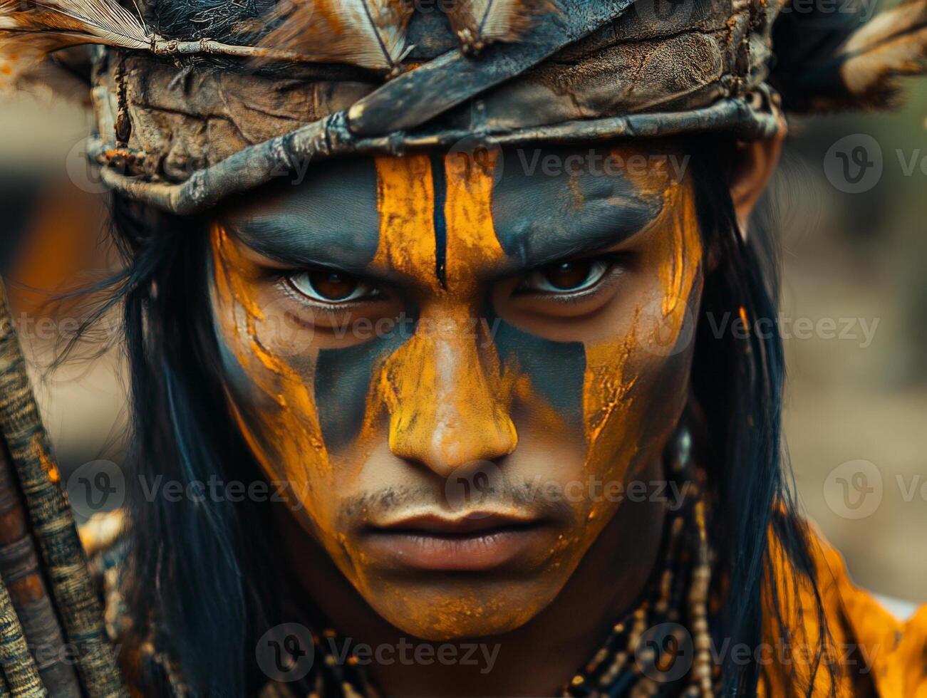 A man with painted face and feathers photo