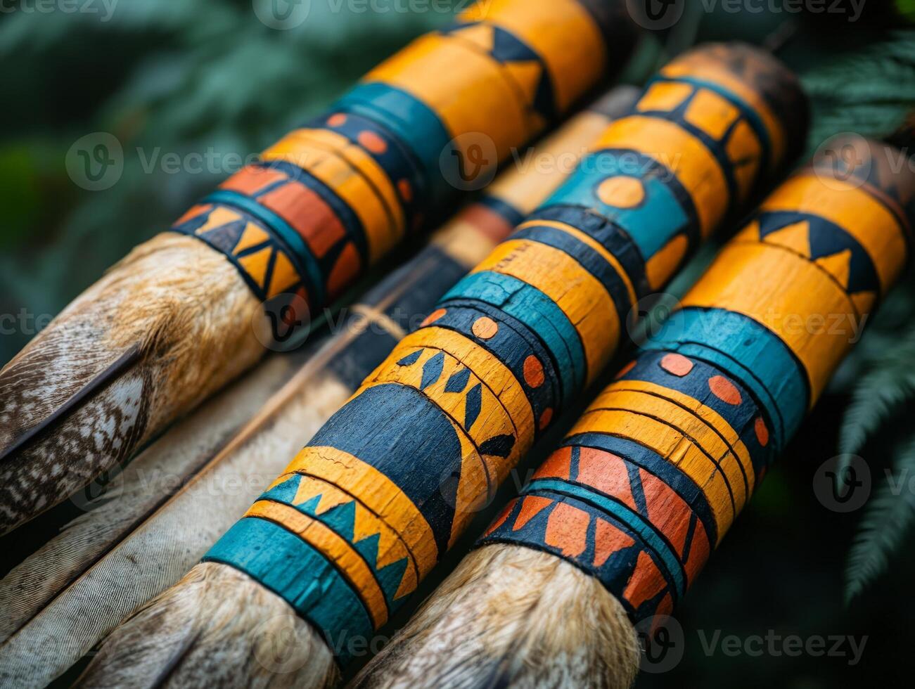 Three colorful wooden sticks with designs on them photo
