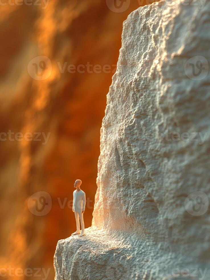 A miniature person standing on a cliff edge photo