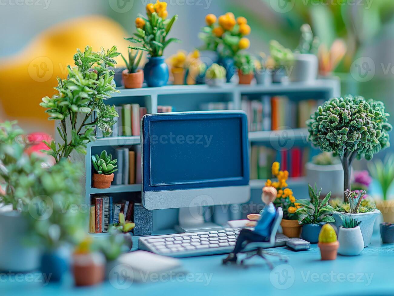 A miniature computer desk with a miniature man sitting at it photo