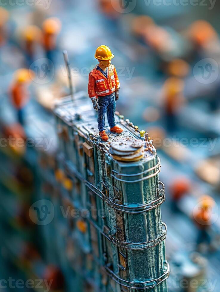 Miniature construction worker on top of a building photo
