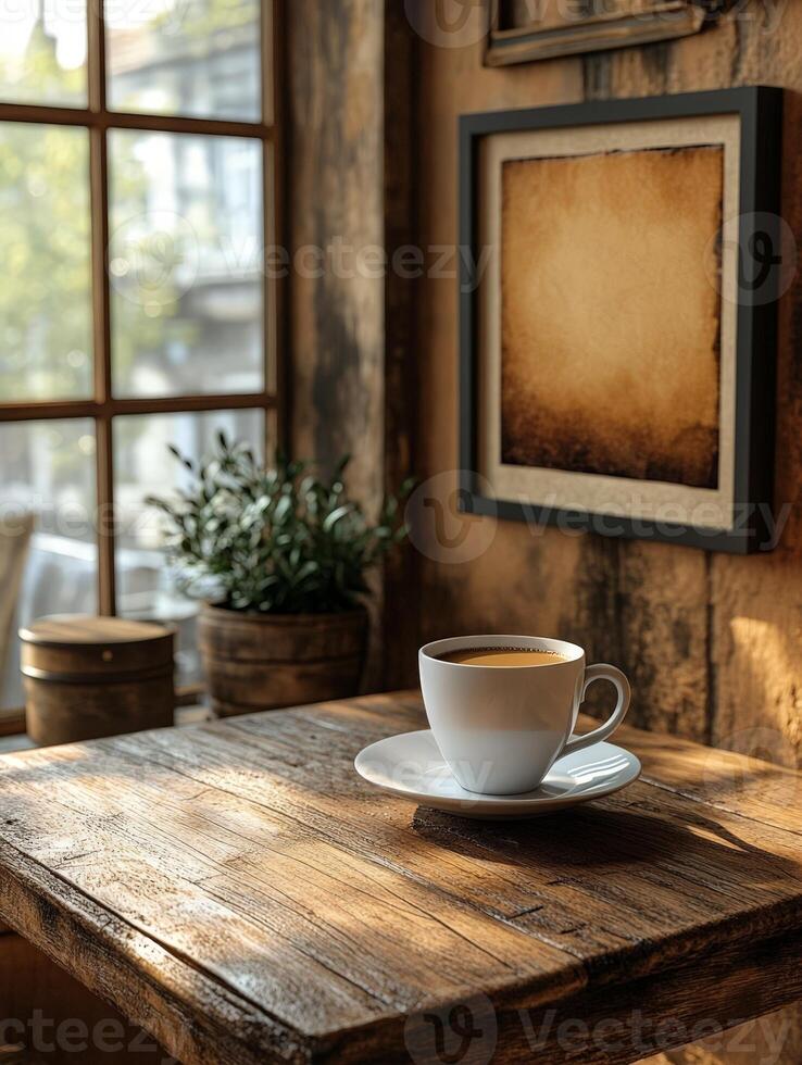 A coffee cup sits on a wooden table in front of a window photo
