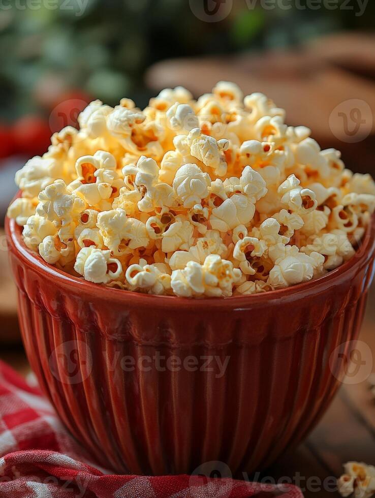 A bowl of popcorn sitting on a table photo